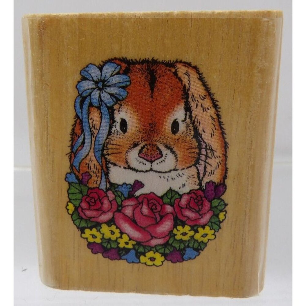 Bunny with Flowers & Blue Ribbon Stamp ©1997 Noteworthy Detailed Easter